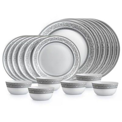 Cello Opalware Solitaire Series Argento Dinner Set, 18 Units | White Plate and Bowl Set