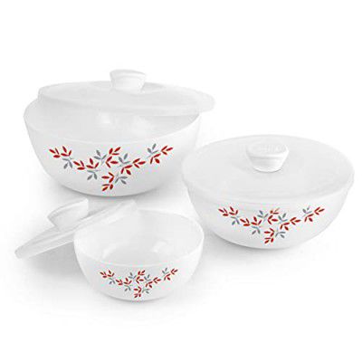 Cello Opalware Twilight Floral Mixing Bowls with Lid(500ml, 1000ml,1500ml), 3 Pc, White
