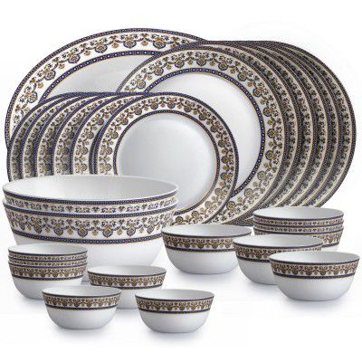Cello Opalware x Amitabh Bachchan Solitaire Series Blu Dinner Set of 33, White
