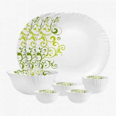 cello Pack of 10 Opalware Dazzle Opalware Oleander Dinner Set | Crockery Set |Green Dinner Set (Green, Microwave Safe)