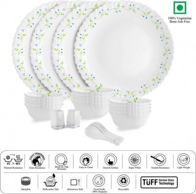 Cello Pack of 22 Opalware Tropical Lagoon | Crockery Set (Green, White, Microwave Safe)