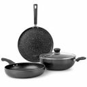Cello Premium Induction Non Stick Cookware Kitchenova Gift Set of 3 (Dosa Tawa 28 cm, Fry Pan 24 cm, Kadai with Glass Lid 24 cm) | Black...