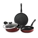 Cello Prima 3 pcs Non-Stick Aluminium Cookware Set, Cherry Red (28 cm Dosa Tawa, 22 cm Kadai with Glass Lid, 22 cm Fry Pan) | Induction Base, PFOA-Free, Sturdy Handles, Ideal for Gifting...