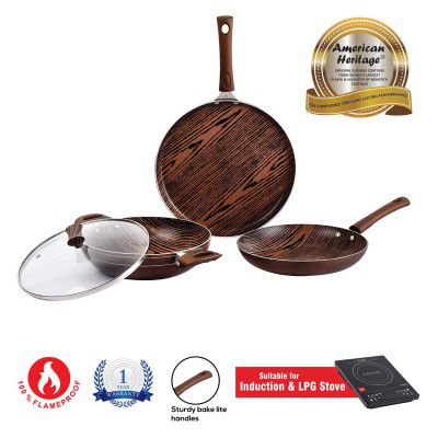 CELLO Prima 3-Piece Non-Stick Aluminium Cookware Set, Woody (28 cm Dosa Tawa, 22 cm Kadai with Glass Lid, 22 cm Fry Pan) | Induction Base, PFOA-Free, Sturdy Handles