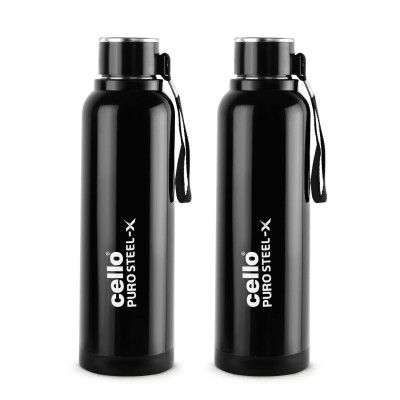 Cello Puro Steel-X Benz Water Bottle with Inner Steel and Outer Plastic, 900 ml, Set of 2