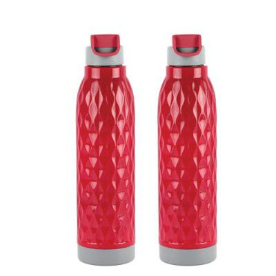 CELLO Puro Wave 900 Water Bottle | Refrigerator Safe| Outer Plastic Body and Inner Stainless Steel Body | Set of 2 | 690ml, Red