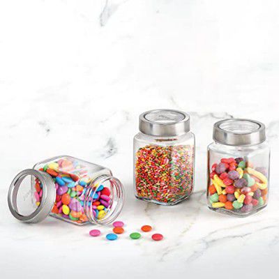 CELLO Qube Fresh Glass Storage Jar | Container with Air tight Silver Metal Lid | Set of 3, 300ml, Clear