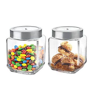 CELLO Qube Fresh Glass Storage Jar | Container with Air tight Silver Metal Lid  | Set of 2, 580ml, Clear