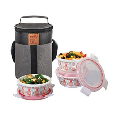 CELLO Red Trellis Opalware Lunch Box with Jacket, 3 Containers Lunch Box, 300ml