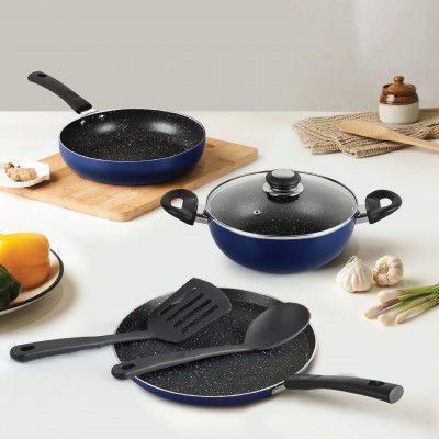 Cello Regal Non Stick 5 Piece Regal Cookware Set, Induction and Gas Compatible, Blue with Spatter & Spoon