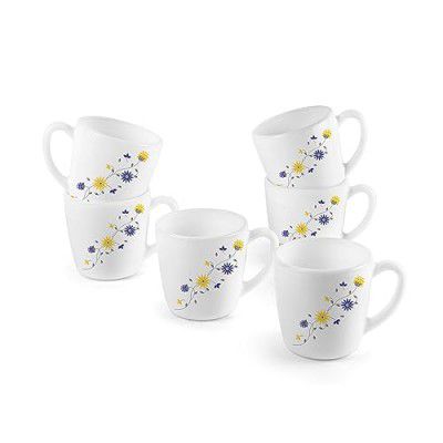 CELLO Ricca Mug 6 Pcs Set | Cups for Tea,Coffee,Espressoc| Thermal Resistant | Light Weight | Ideal Gifting Option | Blooming Daisy | 100ml