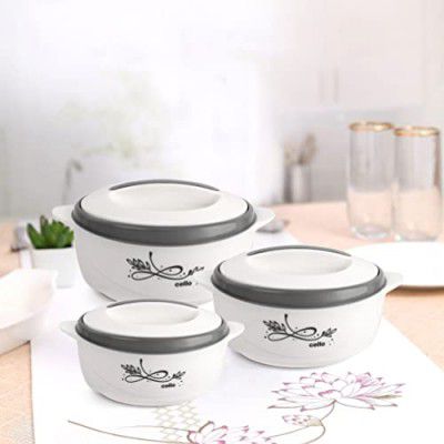 Cello Sapphire | Insulated Inner Steel Casserole | Set of 3 (1500, 1000, 500) | BPA Free | Food Grade | Serving, White