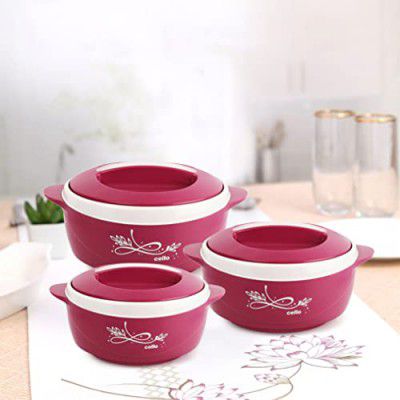 CELLO Sapphire Insulated Inner Steel Casserole Set of 3, Pink (500ml, 1000ml, 1500ml) | Hot Box for Kitchen
