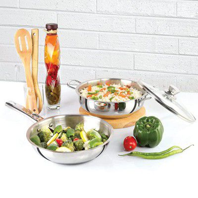 Cello Steelox Induction Compatible Stainless Steel Fry Pan & Kadai with Glass Lid 22 cm/2Ltrs (3 pcs Set)
