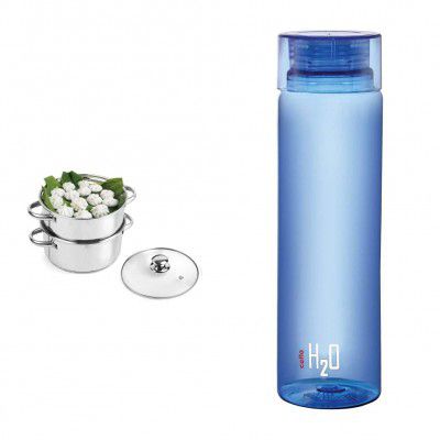 Cello Steelox Induction Compatible Stainless Steel Multi Purpose Steamer/Modak Maker with Glass Lid, 18Cm & Cello H2O Unbreakable Plastic Bottle, 1 Litre, Assorted Colour