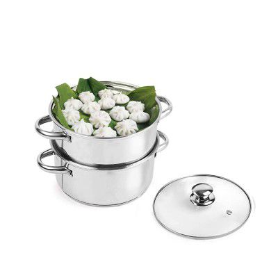 Cello Steelox Induction Compatible Stainless Steel Multi Purpose Steamer/Modak Maker with Glass Lid, 18Cm