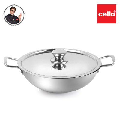 Cello Steelox Premia Stainless Steel Kadhai with SS Lid 1.5Ltr / 22cm, Silver, Medium