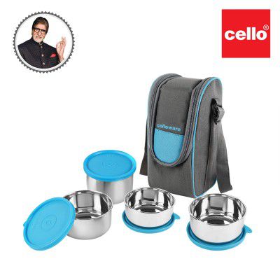 Cello Steelox Stainless Steel Lunch Box Combo 4- Piece with Jacket (Capacities - 225ml, 375ml x 2, 550ml)