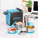 CELLO Steelox Stainless Steel Lunch Box Set of 5 with Bag (Capacities - 50ml, 225ml, 375ml, 550ml, 375ml Tumbler), Blue...