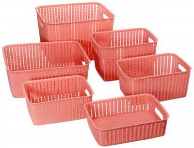 Cello Style Knit Basket Without Lid, Set of 6, Pink, Plastic