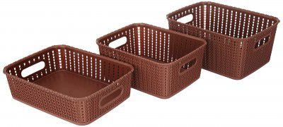 Cello Style Knit Big Basket Without Lid, Set of 3, Brown