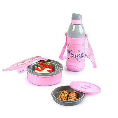 CELLO Tiffy Unicorn Gift Set Insulated Lunch Box & Water Bottle | Lunch Box 460 ml, Water Bottle 400 ml, Pink & Grey