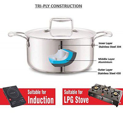Cello Tri-Ply 20 cm Stainless Steel Cookware Casserole, 3 LTR | Tri-Ply Bottom Casserole with SS Lid | Induction and Gas Stove Friendly
