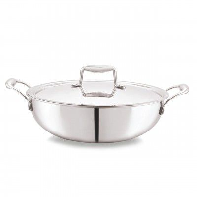 CELLO Tri-Ply 22 cm Stainless Steel Cookware Kadhai with Lid 2.2 LTR 