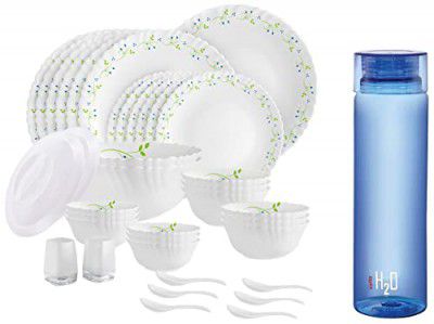 cello Tropical Lagoon 37 pcs Dinner Set & Cello H2O Unbreakable Plastic Bottle, 1 Litre, Assorted Colour