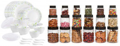 Cello Tropical Lagoon Dazzle Series Opalware Dinner Set, 35 Pieces & Cello Checkers Plastic PET Canister Set, 18 Pieces