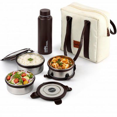 CELLO Urban Bite Lunch Box with Bag, White Brown | 3 x 400ml Stainless Steel Containers, 800ml Water Bottle with Fork & Spoon, Leak Proof Airtight Clip Steel