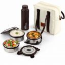 CELLO Urban Bite Lunch Box with Bag, White Brown | 3 x 400ml Stainless Steel Containers, 800ml Water Bottle with Fork & Spoon, Leak Proof Airtight Clip Steel...