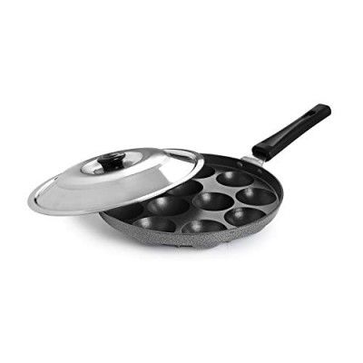 CELLOAppam Patra with Stainless Steel Lid Non-Stick Heavy Duty Aluminium 25 cm, 12 Cavity | Single Handle with SS Lid | Appam Maker | Appam Patra | Appam pan | Litti Maker | Black