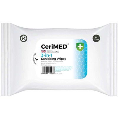 CeriMED 3-in-1 Sanitizing Wipes for Hands, Face and Surfaces - 80 Wipes/Pack