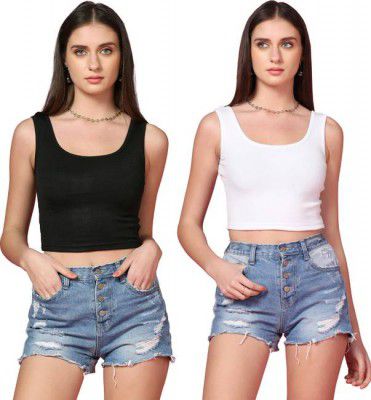 CHAKUDEE Fashion  Pack of 2 Casual Sleeveless Solid Women Black, White Top