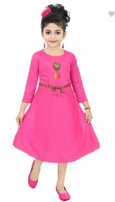Chandrika  Girls Below Knee Casual Dress  (Pink, 3/4 Sleeve)