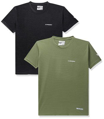 Charged Play-005 Interlock Knit Geomatric Emboss Polyester Round Neck Sports T-Shirt Black Size Xs And Pulse-006 Checker Knitt Polyester Round Neck Sports T-Shirt Olive Size Xs
