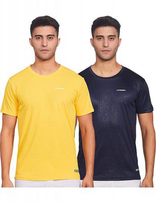 Charged Play-005 Interlock Knit Geomatric Emboss Polyester Round Neck Sports T-Shirt Navy Size Large And Pulse-006 Checker Knitt Polyester Round Neck Sports T-Shirt Yellow Size Large