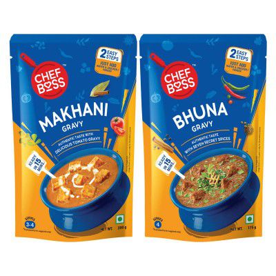 ChefBoss Ready to Cook Gravy Combo, Makhani Gravy, Bhuna Masala Gravy for Paneer, Chicken, No Preservatives, Ready in 15 Mins Pouch, Indian Gravy, 375 Gram