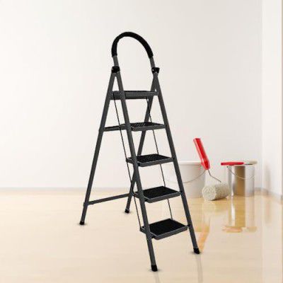 Cheston Foldable GI Steel 5-Steps Home Ladder | 5.6 Feet Anti-Skid Step Ladder | Black 5 Step