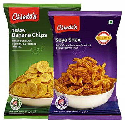 Chheda's Yellow Banana Chips (300 Gm) and SOYA Snax (350 Gm) | Banana Wafers | Indian Namkeen | Tasty Snacks | Ready to Eat - Combo Pack