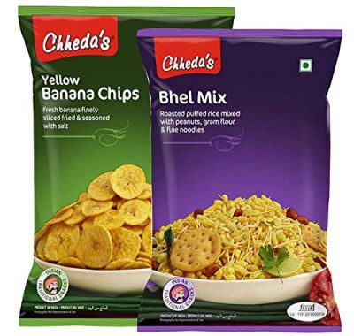 Chheda's - Yellow Banana Chips (300Gm) and Bhel Mix (350Gm) | Banana Wafers | Indian Namkeen |Ready to Eat - Combo Pack