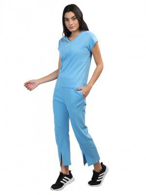 CHKOKKO Women Casual Summer Track Suit T-shirt Shorts Trackpant Co-ord Set SkyBlue L