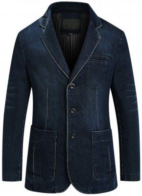 chouyatou Men's Classic Notched Collar 3 Button Tailoring Distressed Denim Blazer Jacket