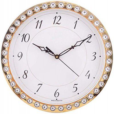 CHRONIKLE Stylish Round Golden Color Diamond Style Plastic Case Analog Wall Clock for Living Room Home Decorations Office Gifts (Size: 27 x 4.5 x 27 CM | Weight: 440 Gram)