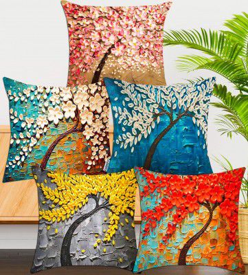 CIDIZY Jute Floral Tree Cushion Covers, 16X16 Inch, Set of 5, Multicolour