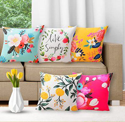CIDIZY Velvet Floral Printed Cushion Covers, 16X16 Inch, Multicolor, Set of 5