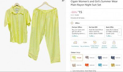 Cigain Women’s and Girl’s Summer Wear Plain Rayon Night Suit Set