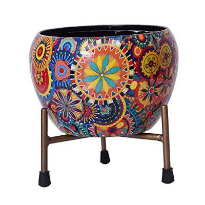 CINAGRO Designer Floral Plant Pot with Stand, Suitable for Indoor, Outdoor Plants - Durable, Rust Free, 13 X 13 X 15 cm (Multicolor)