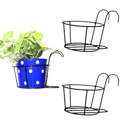 CINAGRO Metal Hanging Planters (Set of 2), Flower Pot Holder for Railing, Potted Plant Stand for Home Balcony Decor, Office Balcony, Patio, Garden Railing, Hanging Metal Baskets (Black, Set of 2)